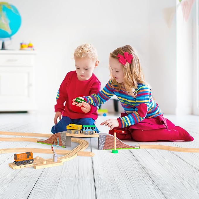 Orbrium Toys 68 Pcs Wooden Train Track Expansion Pack Compatible with Thomas Wooden Train, Brio, Thomas The Tank Engine (68 Pcs)