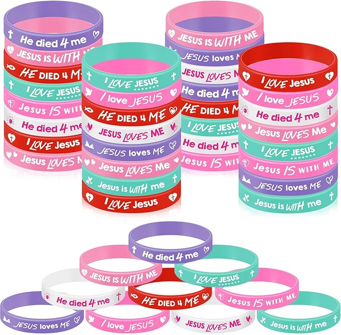 Gueevin 60 Pcs Bible Verse Bracelets for Kids Christian Scripture Bracelets Jesus Wristband Religious Motivational Valentine Kids School Gifts Classroom Prizes (Valentine,Pink Color)