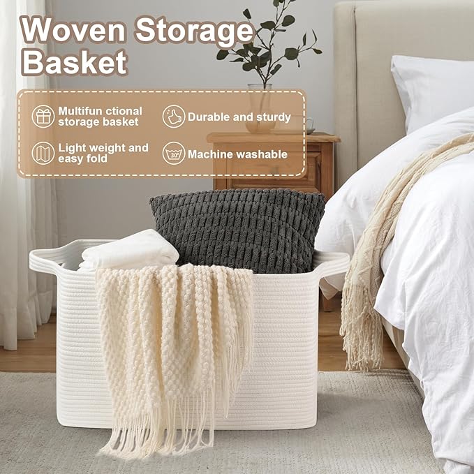OIASKET 95L Extra Large Blanket Basket, 24" x 16.9" x 14.2" Woven Storage Basket for Living Room, Rectangle Nursery Blanket Storage for Toys, Towels, Dirty Clothes (White)