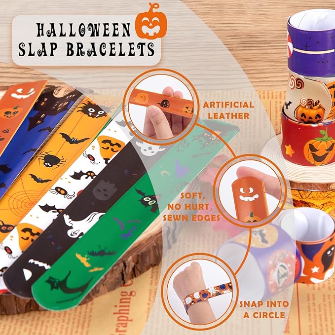 LovesTown Halloween Slap Bracelets, 48PCS Kids Slap Wristbands Snap Bracelets Ghost Jack o Lantern Bat Spider for Halloween Party Goodie Bag Fillers