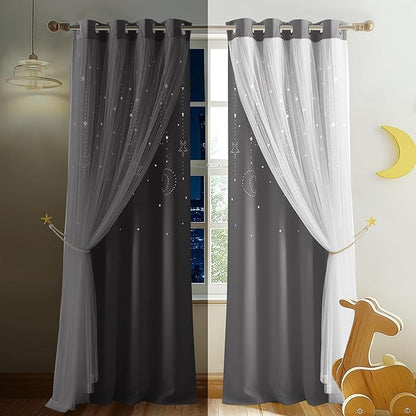 NICETOWN Moon Star Hollow-Out Curtains for Nursery Gift, Double Layer Blackout Grommets Window Curtains Sheer for Living Room/Girls Bedroom, 2 Panels in 52 x 84 inches, Grey