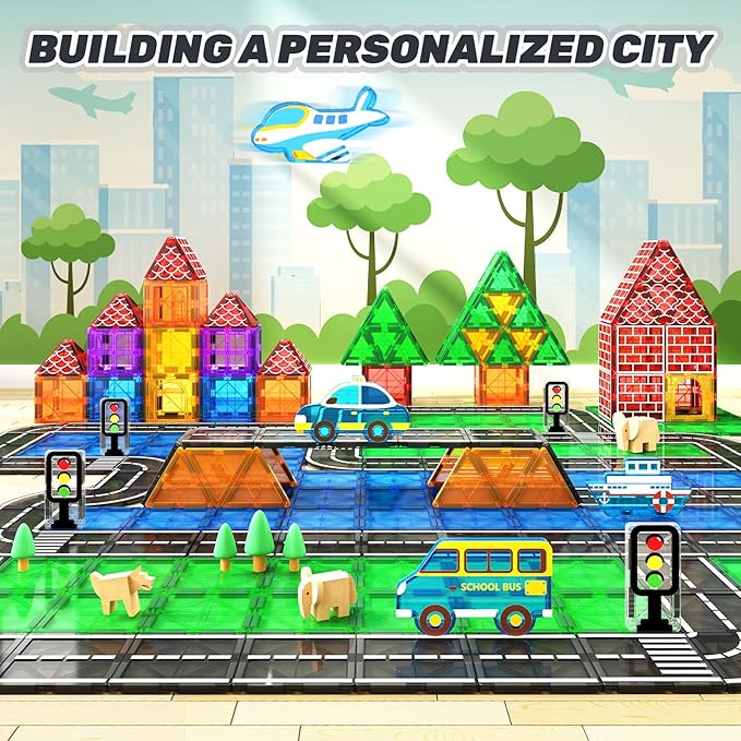 Magnetic Tiles Road Set with Car Toys, Magnetic Building Blocks for Toddlers, STEM Construction Toys for Kids Ages 3+, Gifts Toys for Boys & Girls