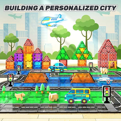 Magnetic Tiles Road Set with Car Toys, Magnetic Building Blocks for Toddlers, STEM Construction Toys for Kids Ages 3+, Gifts Toys for Boys & Girls