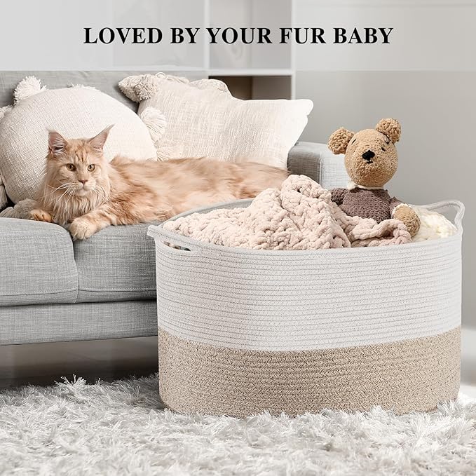 Throw Blanket Basket for Living Room, Extra Large Cotton Rope Basket for Storage, Woven Laundry Towel Hamper with Handles, Baby Toy Storage, 22" x 22" x 14" Pillow Bin