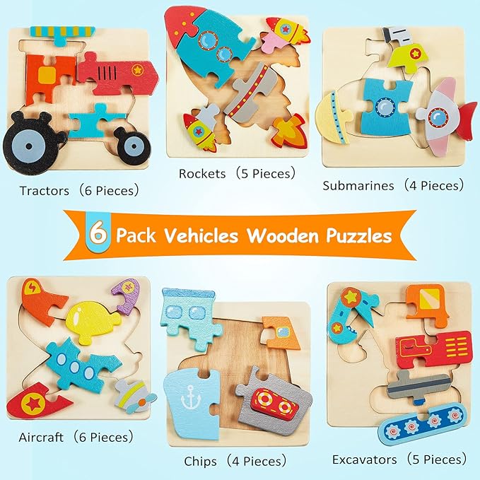 6 Pack Wooden Puzzles for Toddler 1-3 Years Old Wood Jigsaw Puzzles for Boys Montessori Games and Educational Toys for Kids Wooden Toddler Puzzles Present (Vehicle)