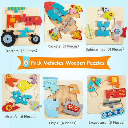 6 Pack Wooden Puzzles for Toddler 1-3 Years Old Wood Jigsaw Puzzles for Boys Montessori Games and Educational Toys for Kids Wooden Toddler Puzzles Present (Vehicle)