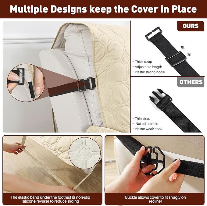 XINEAGE 100% Waterproof Recliner Chair Cover, Non Slip Covers for Recliner Chair with Pocket, Washable Dog Recliner Couch Cover with Elastic Straps (Beige, 22")