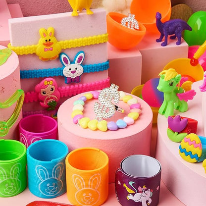 JOYIN 120 Pcs Prefilled Easter Eggs with Novelty Toys and Plus Stickers Inside, Plastic Easter Eggs Fillers, Basket Stuffers Egg Hunt Supplies, Theme Party Favor