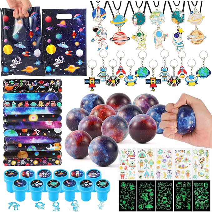 LiYiQ 87 Pcs Space Party Favors With Space Stress Balls Space Necklace Space Stamps Slap Bracelets Keychains Space Temporary Tattoo Stickers and Gift Bags For Kids Space Birthday Party Supplies