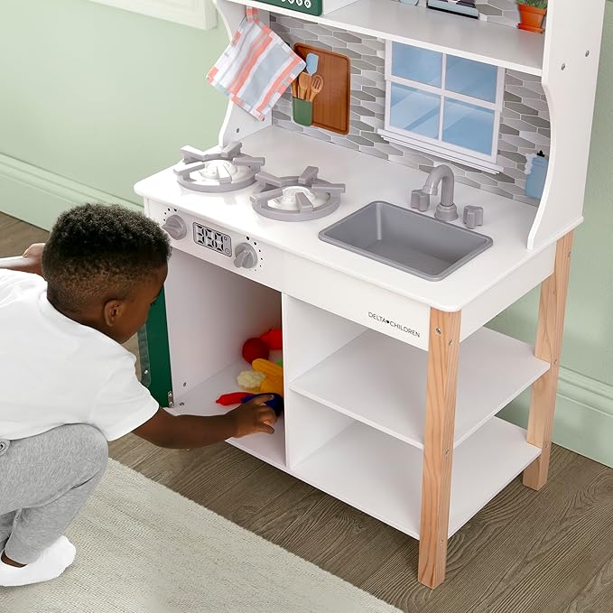 Delta Children Tiny Chef Play Kitchen - Toy Kitchen Playset with Realistic Knobs That Turn/Click, Oven, Sink, Microwave and 15 Pieces of Play Food, Green