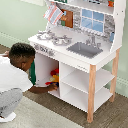 Delta Children Tiny Chef Play Kitchen - Toy Kitchen Playset with Realistic Knobs That Turn/Click, Oven, Sink, Microwave and 15 Pieces of Play Food, Green