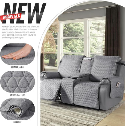 TAOCOCO 100% Waterproof Recliner Cover -Loveseat Recliner Cover with Center Console,Non-Slip Reclining Couch Covers for 2 Seat,with Elastic Straps Pocket for Kids, Dogs(Light Gray, 2 Seater XL)