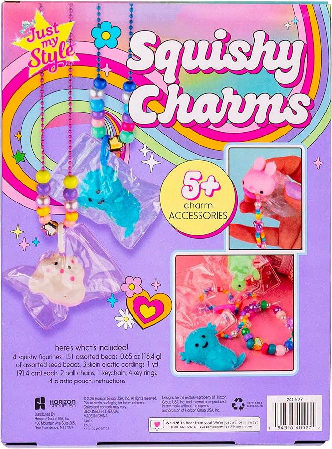 Just My Style Squishy Charms, Create 5 Squishy Bag Charms, Necklaces, Friendship Bracelets with Kawaii TPR Squishies in Pouches & Beads for Jewelry Making, Unique Jewelry Making Kit, Gifts for Girls