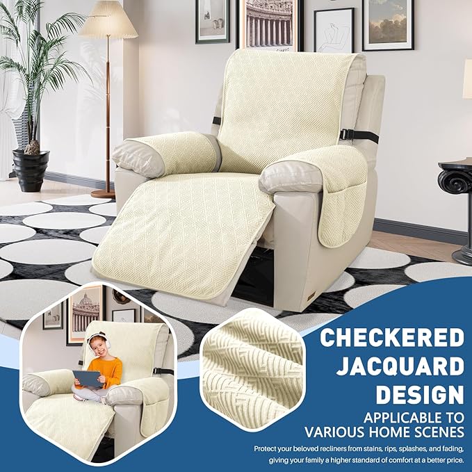 Easehomey Waterproof Large Recliner Chair Cover, Non-Slip Recliner Cover with Two Pockets Elastic Band Slip Covers for Recliners with Arms Washable Reclining Chair Cover for Kids,Pets (Beige, 28")