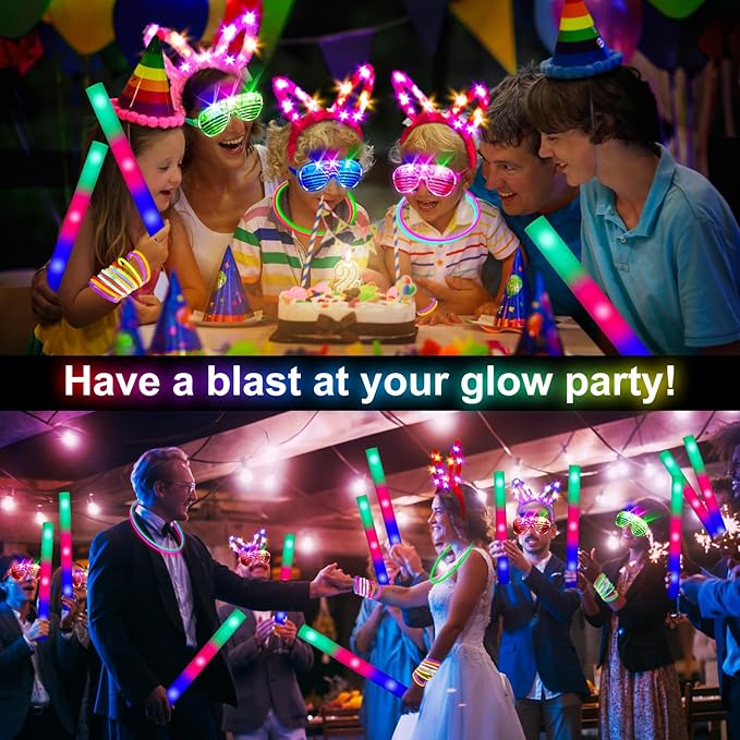 236 PCS Glow in the Dark Party Supplies, Girls Party Favors, 12 PCS Foam Glow Sticks, 12 PCS LED Glasses, 12 PCS Bunny Ear Headband, 100 PCS Glow Sticks and 100 PCS Connectors
