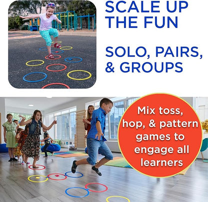 Hopscotch Rings, 12 x 11 Inch Rings & 3 Bean Bags, Play Hopscotch Outdoor & Indoor Obstacle Course for Kids 3-5, Recess Toys & Physical Education Equipment, Gross Motor Games PE Equipment
