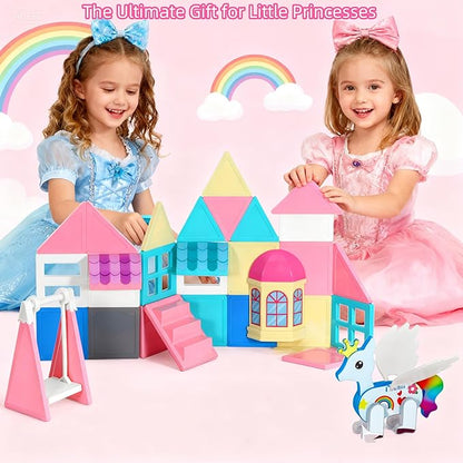 Unicorn Magnetic Tiles, Unicorn Toys for Girls Age 4-6, Princess Castle Magnet Toy for Kids Ages 4-8, Movable Magnetic Tiles 3D Educational Sensory Toys, Xmas Birthday Gifts for Boys and Girls