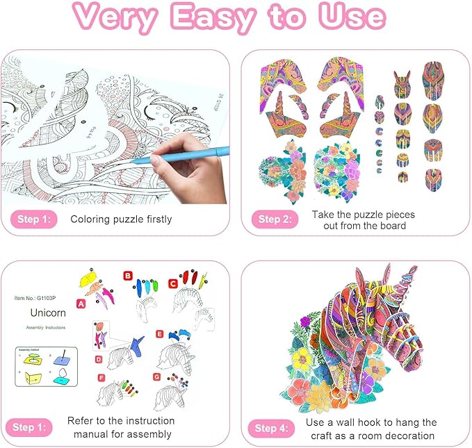 3D Coloring Unicorn Puzzles for Kids, DIY Crafts and Arts Set for girls Ages 6-8,8-10,Drawing Puzzles with 10 Colouring Pens Stocking Stuffers Toys Christmas Gifts for Kids Age 6 7 8 9 10 11 12