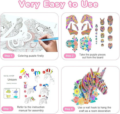 3D Coloring Unicorn Puzzles for Kids, DIY Crafts and Arts Set for girls Ages 6-8,8-10,Drawing Puzzles with 10 Colouring Pens Stocking Stuffers Toys Christmas Gifts for Kids Age 6 7 8 9 10 11 12