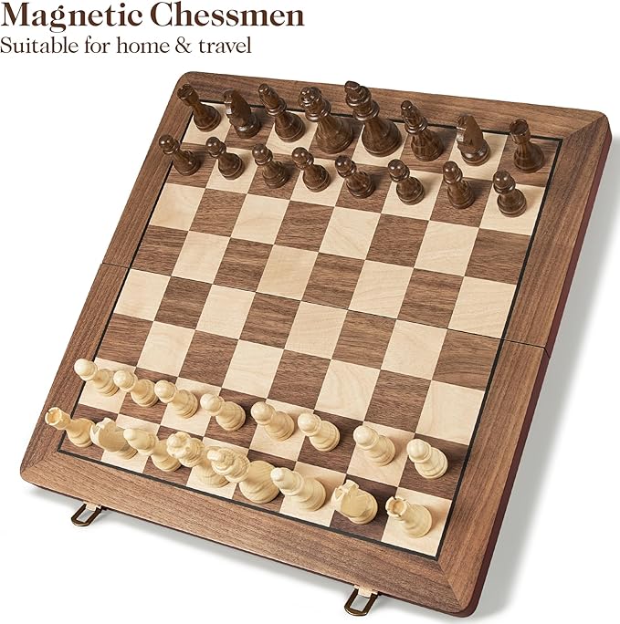 17" Magnetic Wooden Chess Set for Adults Kids, Chess Board Games with Magnetic Pieces & Extra Queens, Folding Portable Travel Large Unique Chess Sets for Tournament Professional Beginner