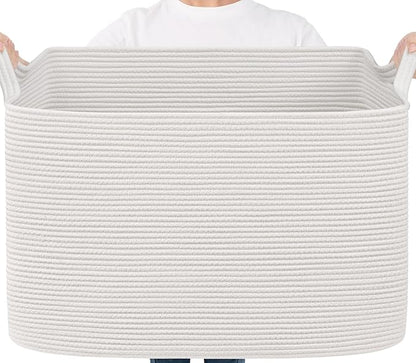Goodpick 105L Extra Large Blanket Basket 25" x 16" x 16" Cotton Rope Storage Bins for Dirty Clothes, Rectangle Woven Baskets for Living Room Home Decor, Toy Baskets Storage Kids, White