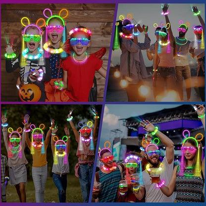 286PCS Glow in the Dark Party Supplies for Kids Adult, Light Up Party Favors with Light Up Glasses, Tubes, Hair Clips, Glow Sticks Bulk Party Pack DIY Glow Necklaces Bracelets Headband for Neon Party