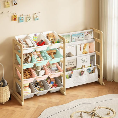 EXPERLAM Toy Storage Organizer with Bookshelf - 12 Storage Bins 4-Tier Multipurpose Shelf to Organize Toys and Books for Kids Room, Playroom, Nursery Room, Multi-Color
