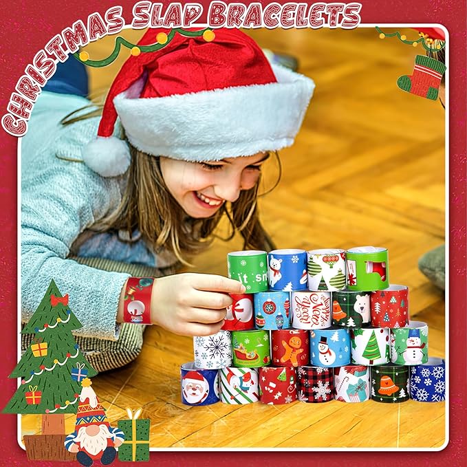 LovesTown 64PCS Christmas Slap Bracelets for Kids, Christmas Snap Bracelets Bulk Christmas Slap Wristbands for Stocking Stuffers Goodie Bag Fillers