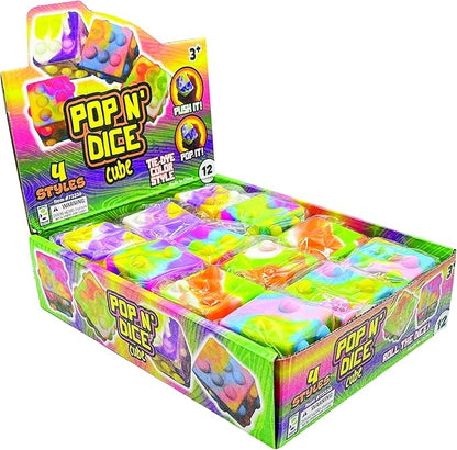 Raymond Geddes Pop ‘n’ Dice Fidget Cube Toys (12 per Bag) - 6 Sided Pop it Fidget Toys Pack - Fidget Squishy Toys in 4 Tie Dye Colors