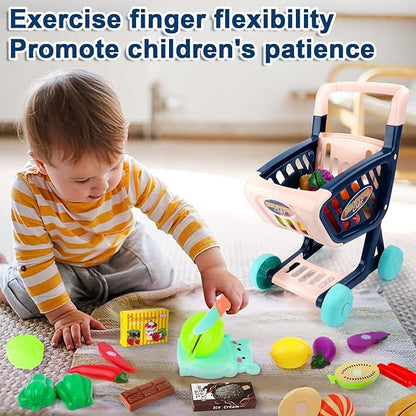 deAO Toddlers Shopping Cart Trolley Set Kids Pretend Grocery Cart Play Toy with Pretend Play Food Shopping Day Realistic Kitchen Accessories for Kids Girls Boys