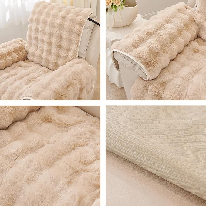 vctops Faux Fur Fluffy Recliner Chair Slipcover Faux Rabbit Fur Non Slip Sofa Cover Super Soft Plush Thick Couch Cover Furniture Protector with Elastic Straps for Kids, Dogs, Pets(Khaki,24")