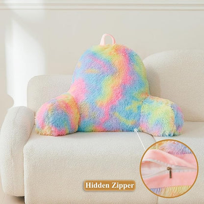 XeGe Fluffy Back Support Pillow Cover for Bed (No Filler), Tie Dye Faux Fur Backrest Pillow Case, Furry Reading Pillow Cover with Arms Adults Kids Girls, Fuzzy Sit Up Study Pillow for Floor, Rainbow