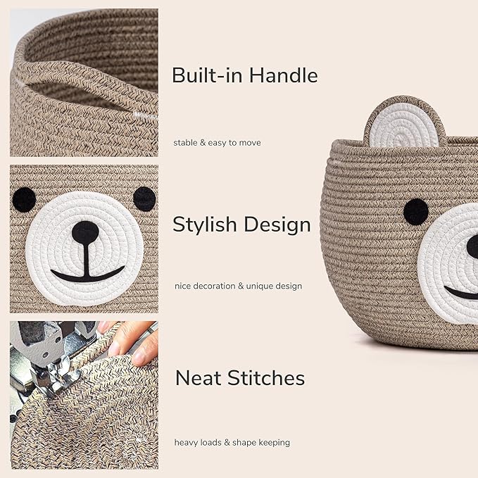 CherryNow Baby Basket for Nursery, Bear Gift Baskets for Kids, Baby Shower Basket with Handles, Small Cute Animal Baskets, Light Brown, 15.7" D x 10.5" H