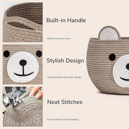 CherryNow Baby Basket for Nursery, Bear Gift Baskets for Kids, Baby Shower Basket with Handles, Small Cute Animal Baskets, Light Brown, 15.7" D x 10.5" H