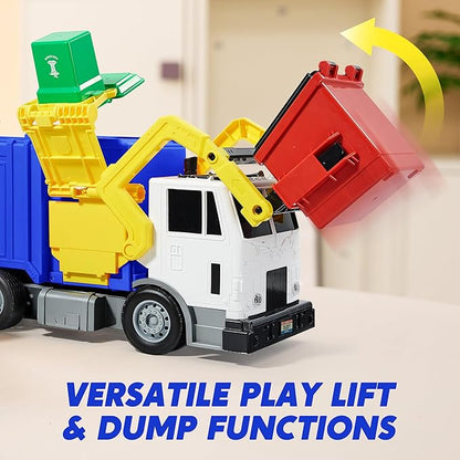 JOYIN Large Friction Powered Garbage Truck Toy Set, Includes 1 Dumpster, 3 Trash Bins, and 30 Learning Cards for Kids, Blue