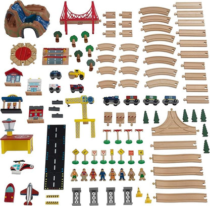 KidKraft Adventure Town Railway Wooden Train Set & Table with EZ Kraft Assembly™ with 120 Accessories and Storage Bins, Gift for Ages 3+
