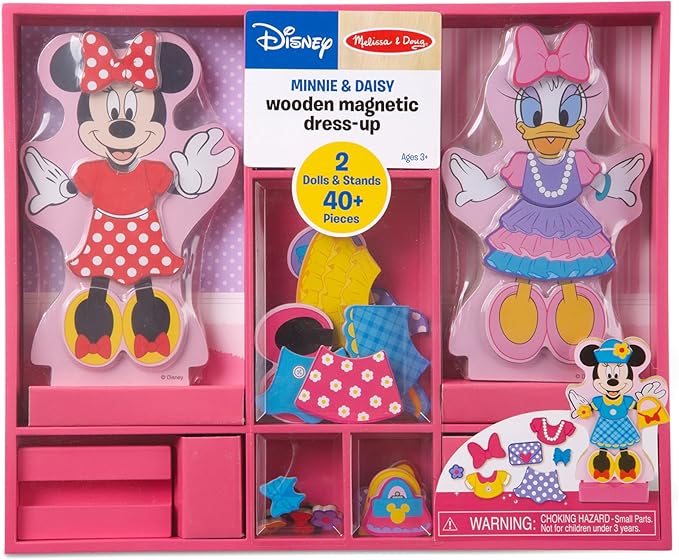 Melissa & Doug Disney Minnie Mouse and Daisy Duck Magnetic Dress-Up Wooden Doll Pretend Play Set (40+ pcs) Minnie Mouse Toys, Disney Dress Up Dolls For Preschoolers And Kids Ages 3+