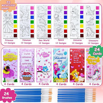JUNQIU 24 Pack Valentines Day Cards For Kids School, Watercolor Coloring Book Set, Valentines Day Gifts For Kids Classroom Exchange, Paint Party Favors Valentines Crafts