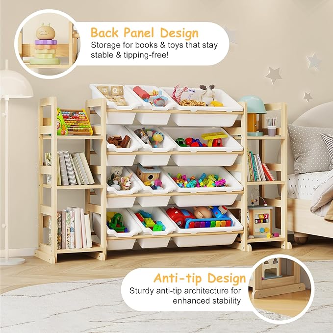 EXPERLAM Extra Large Toy Storage - Toy Storage Organizer, Wooden Toy Organizer with 6 Side Shelves and 12 Bins, 3-in-1 Bookshelf for Kids Rooms, Playroom, Nursery, White