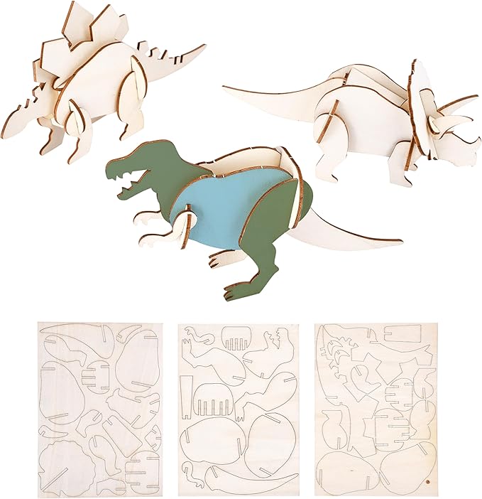 Neliblu Wooden Dinosaur Kit Set of 3 - Colorable Assembly Toy for Kids - 3D Dinosaur Puzzle - Gift for Dinosaur Lovers Ages 5 and Up - 3mm Thick Wood - Creative and Educational Play for Kids
