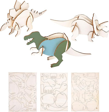 Neliblu Wooden Dinosaur Kit Set of 3 - Colorable Assembly Toy for Kids - 3D Dinosaur Puzzle - Gift for Dinosaur Lovers Ages 5 and Up - 3mm Thick Wood - Creative and Educational Play for Kids