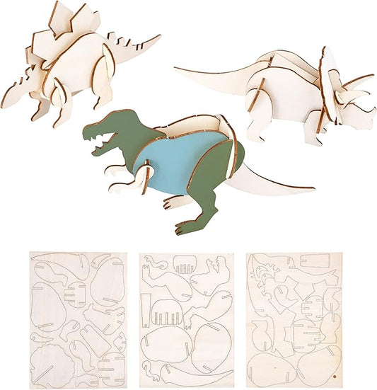 Neliblu Wooden Dinosaur Kit Set of 3 - Colorable Assembly Toy for Kids - 3D Dinosaur Puzzle - Gift for Dinosaur Lovers Ages 5 and Up - 3mm Thick Wood - Creative and Educational Play for Kids