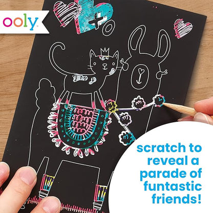 Ooly Mini Scratch & Scribble Art Kit - 6 Card Rainbow Scratch Art Set Gifts for Kids, Travel-Friendly Craft Kit, Scratching Tool Included - Funtastic Friends