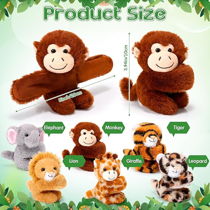 6 Pack Stuffed Animal Slap Bracelets Plush Animal Snap Bracelets Cute Wrist Slap Band Toy Wrist Animals Wrist Pets Slap Bracelet Wrist Toy for Kids Boys Girls Birthday Gifts Party Favors