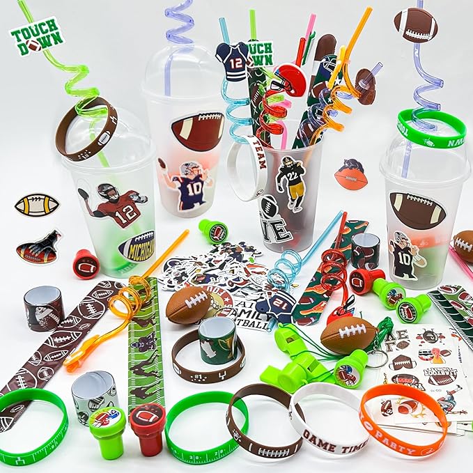146 Pcs Football Party Favors, Sports Party Supplies with Cup Straw Football Keychain Tattoo Sticker Slap Bracelet Whistle Treat Bag Gifts for Classroom Rewards Football Birthday Party (Football)