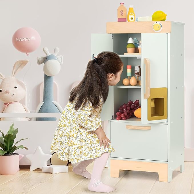 Wooden Play Kitchen Toy Fridge,Pretend Play Fridge with Ice Maker,Kids Refrigerator Freezer Set Kitchen Accessories,Toddler Play Kitchen for Boys & Girls Age 3+
