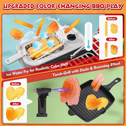 86PCS Kids Play Kitchen Toys: Kids Grill Playset with Smoke, Sound, Light, UV&Water Color-Changing Play Food, Pretend Kids Kitchen Playset, Interactive BBQ Outdoor Toys, Birthday Gift for Toddler