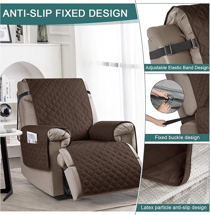 Ruaozz 100% Waterproof Recliner Chair Cover Non-Slip Oversized Reclining Cover for Large Recliner Chair Washable Chair Seat Cover with Elastic Straps for Kids, Dogs, Pets (Dark Brown, 28'')