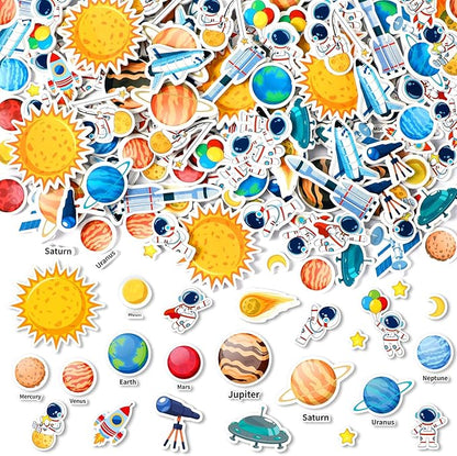 JULBEAR Spaces Foam Sticker for Kids Crafts, 300Pcs Bulk Colorful Planet Astronaut Rocket Self-Adhesive Foam Stickers for Birthday Party DIY Crafts Favor Scrapbooks Decorations Supplies