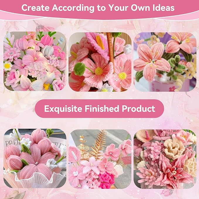500 Pcs Thick Pipe Cleaners for DIY Flowers & Crafts – 5 Colors Chenille Stems with Glue Guns & Tape Measure – Perfect for Family Fun & Creativity, Holiday & Room Decorations (Pink, 12in x 8mm)